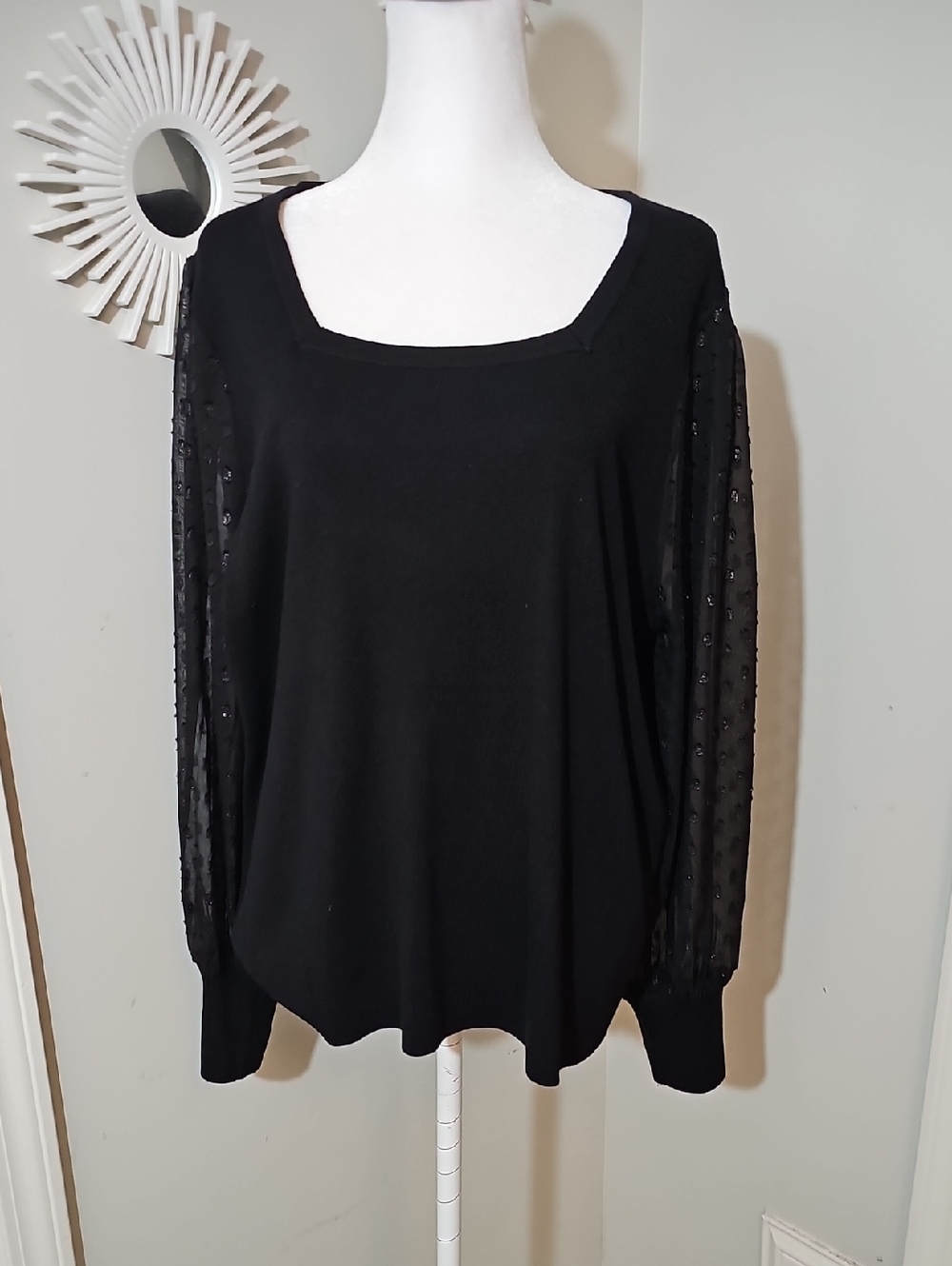 Catherine Malandrino Black Square Neck Sweater with Sheer Dot Sleeves